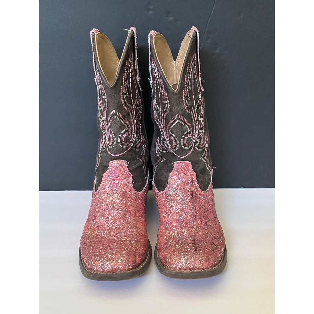 Roper Little Kids Pink Glitter Cowboy Boots Brown Embroidered Square Toe Size 2